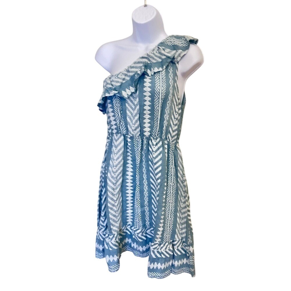 Valentina Naldi Linen One Shoulder Blue & White Ruffle Mini Dress Size Large